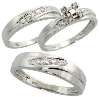 14k White Gold Trio 3 Piece His (6mm) & Hers (4mm; 6mm) Wedding Band Set, w/ 0.27 Carat Baguette, Brilliant Cut & Invisible Set Diamonds; (Men's Size 9 to 12), size 8 Jewelry