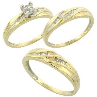 14k Gold 3 Piece Trio His (5mm) & Hers (4mm) Wedding Band Set, w/ 0.36 Carat Baguette & Invisible Set Diamonds (Men's Size 8.5 to 12.5); Ladies' size 8.5 Rings Jewelry