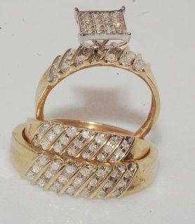 His Hers Diamond & Gold Engagment & Wedding Trio Ring Set Jewelry