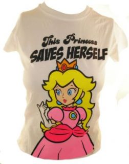 Super Mario Bros Girls T Shirt   Peach "This Princess Saves Herself" on White (X Small) Clothing