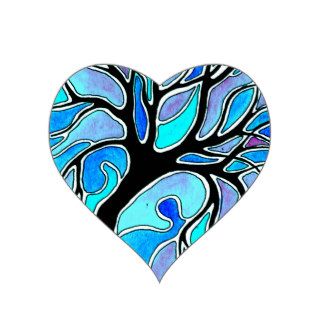 Watercolor Pen and Ink Tree   Blue Heart Stickers