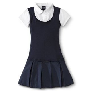 French Toast Girls School Uniform Short Sleeve 2 Fer Pleated Dress   Navy 10