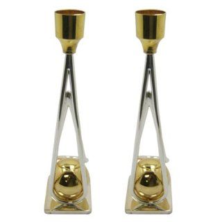 Jewish USED Solid Brass Gold & Silver Plated Shabbat Candle Holders Contemporary Triangle Shape Design Made in Israel . Great Gift For Rosh Hashanah Sabbath Purim Sokot Simchat Torah Hanukkah Passover Lag Baomer Shavuot Rabbi Bridesmaid Temple Shul Ch