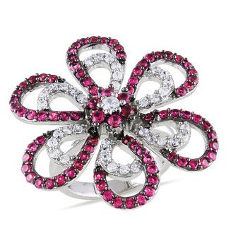 Miadora Sterling Silver Red and White Cubic Zirconia Flower Ring Miadora Cubic Zirconia Rings