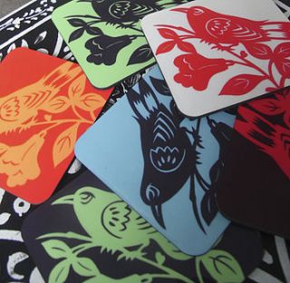 bright bird coasters by that lovely shop