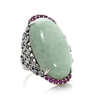 Jade of Yesteryear Green Jade, CZ and Rhodolite Sterling Silver Ring