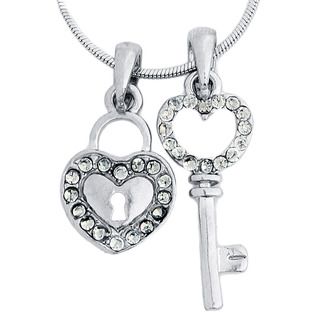 Silvertone Crystal Heart Lock and Key Polished Necklace Set West Coast Jewelry Fashion Necklaces