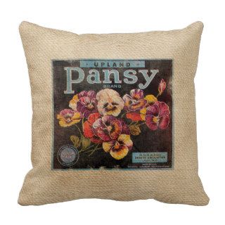 Burlap Vintage Pansey Flowers Pillow