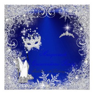 Quinceanera Masquerade Royal Blue White Snowflakes Personalized Invite