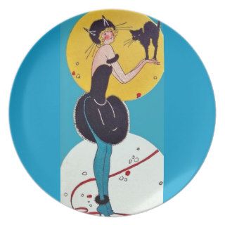 Girl in Cat costume with her black cat Plates