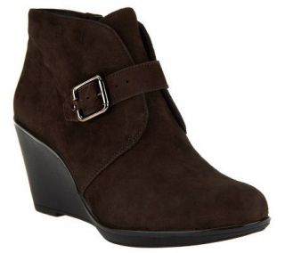 Clarks Artisan Daylilly Surety Suede Wedge Ankle Boots w/ Buckle Detail —
