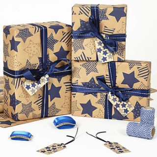 recycled blue star brown wrapping paper by sophia victoria joy