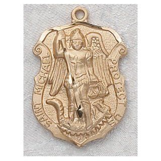 Gold Plated Over Sterling Silver St. Michael Medal Shield with 24" Gold Plated Chain in Gift Box. St. Michael the Archangel Is Known for Protection As Well As the Patron of Against Danger At Sea, Against Temptations, Ambulance Drivers, Artists, Bakers