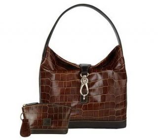 Dooney & Bourke Croco Embossed Leather Logo Lock Hobo Bag w/ Accessories —