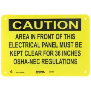 Master Lock S5050 10" Width x 7" Height Polypropylene, Black on Yellow Safety Sign, Header "Caution", Legend "Area In Front of This Electrical Panel Must Be Kept Clear for 36 Inches OSHA NEC Regulations" Industrial Warning Si