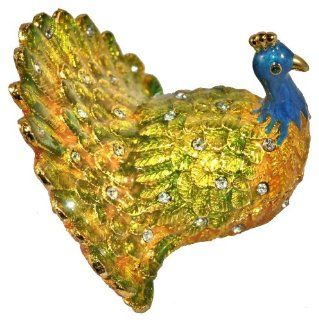 Peacock Jewelry/Trinket Box in Green and Yellow High Gloss Enamel with Stal Made of Yellow Base Metal and Genuine Crystals Jewelry