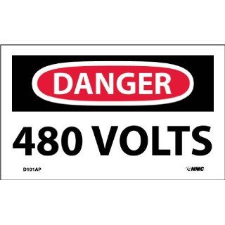 NMC D101AP OSHA Sign, Legend "DANGER   480 VOLTS", 5" Length x 3" Height, Pressure Sensitive Adhesive Vinyl, Black/Red on White (Pack of 5) Industrial Warning Signs
