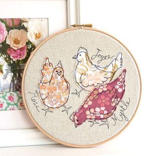 chickens embroidery hoop picture by three red apples