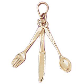14K Yellow Gold 3 D Utensil Set, Fork, Knife, And Spoon Pendant Jewelry