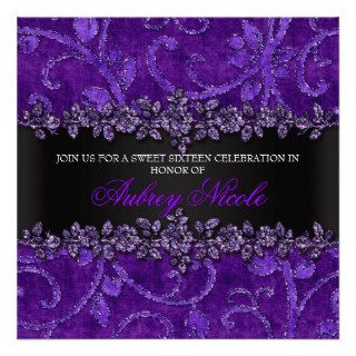 Purple Faux Glitter & Velvet Floral Sweet Sixteen Announcements