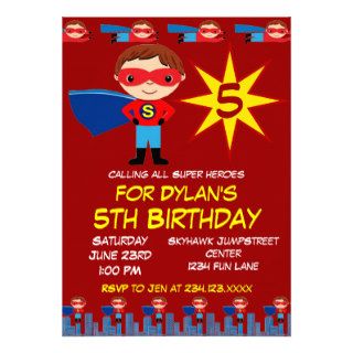 Superhero Kids Boys Birthday Party Invitations Red