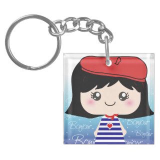 Cute Little French Girl Cartoon keychain Square Acrylic Key Chain