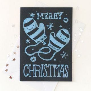 happy mittens hand printed christmas card by woah there pickle