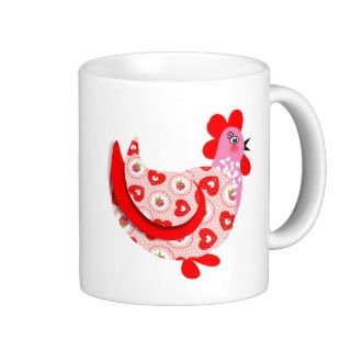 Cute Little Hen Pink Red Flower and Hearts Pattern Coffee Mugs