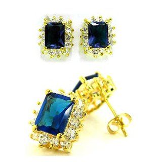 Rizilia Jewelry Appealing Well liked Gold Plated CZ Emerald Cut Blue Sapphire Color Stud Earrings Jewelry