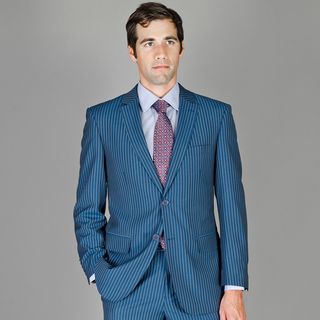 Men's Blue Stripe Wool and Silk Blend Suit Suits