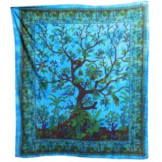 Tagesdecke Lebensbaum trkis blau 240x200cm Vgel Blumen Design indische Decke Baumwolle Tie Dye Style Küche & Haushalt