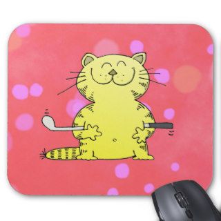 Cute Kitty Golfer Red Back Ground Mouse Mats