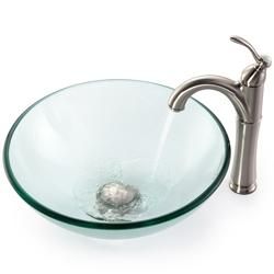 Kraus Clear Glass Vessel Sink and Rivera Bathroom Faucet Kraus Sink & Faucet Sets