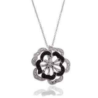 Finesque Silver Overlay Black and White Diamond Accent Flower Necklace Finesque Diamond Necklaces