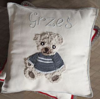 personalised teddy bear boy cushion by malooshi
