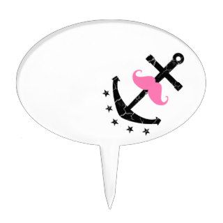 Trendy Black Nautical  Anchor Funny Pink Mustache Cake Toppers