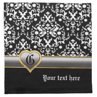 Black white damask, silver grey heart & monogram cloth napkins