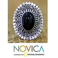 Sterling Silver 'Majesty Halo' Onyx Cocktail Ring (Indonesia) Novica Rings