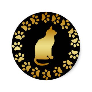 GOLD CAT AND PAWS ROUND STICKERS
