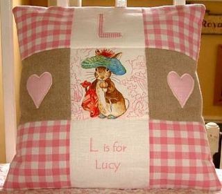 pastel beatrix potter© name and date cushion by tuppenny house designs