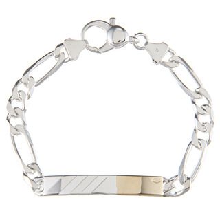 Sterling Silver and 18k Gold 7 mm Diagonal Line ID Link Bracelet Gold Over Silver Bracelets