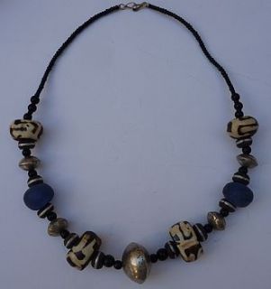 blue glass, black and white ceramic necklace by alkina