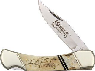 Marbles Outdoors Knives 257 Scrimshaw Series   Lockback Knife with White Smooth Bone & Stag Handles  Folding Camping Knives  Sports & Outdoors