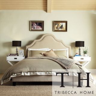Tribecca Home Esmeral Beige Linen Nailhead Arch Curved Upholstered Bed