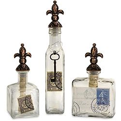 Set Of 3 Glass Provence Royal Symbol Stopper Bottles