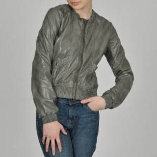 Members Only Members Only Womens Faux Leather Crew Neck Bomber Jacket Grey Size L (12  14)
