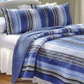 Greenland Home Fashions Brisbane Three piece Blue Striped Quilt Set Blue Size King