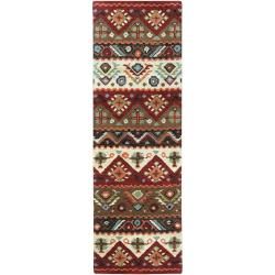 Hand tufted Red Southwestern Aztec Portuy New Zealand Wool Rug (26 X 8)