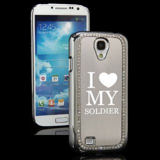 Silver Samsung Galaxy S4 S IV i9500 Rhinestone Crystal Bling Hard Back Case Cover KS135 I Love My Soldier Cell Phones & Accessories