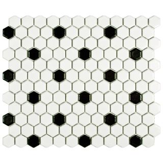 Somertile Victorian Hex Matte White With Black Dot Porcelain Mosaic Tiles (pack Of 10)